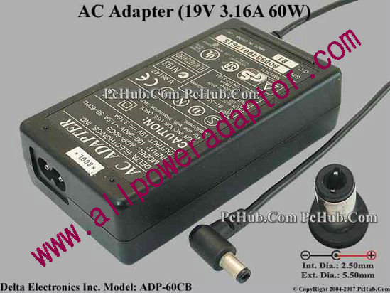 Delta Electronics ADP-60CB AC Adapter- Laptop 19V 3.16A, 5.5/2.5mm, 2-Prong