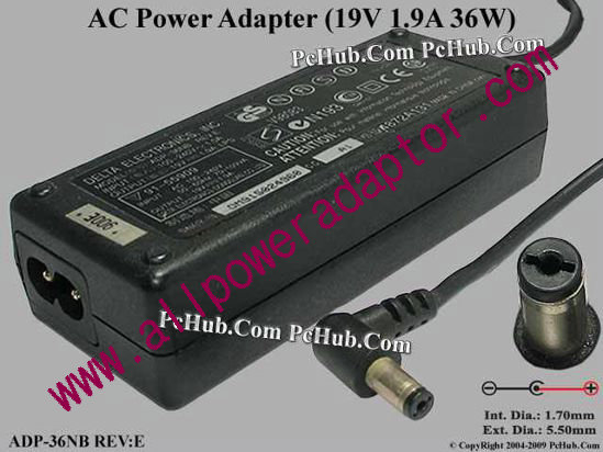 Delta Electronics ADP-36NB REV.E AC Adapter- Laptop 19V 1.9A, Tip Acer, (2-prong)