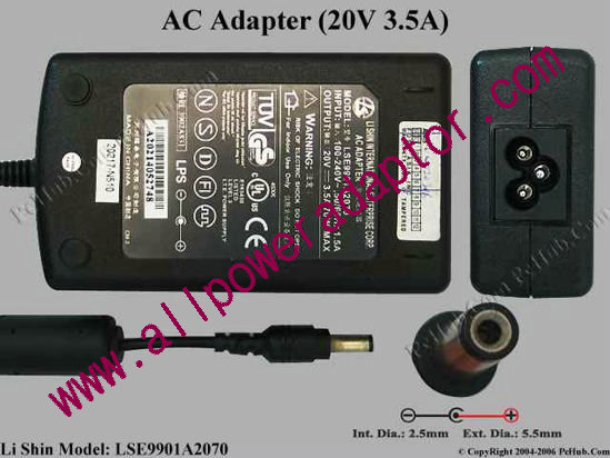 Li Shin LSE9901A2070 AC Adapter 20V 3.5A, 5.5/2.5mm, 3-Prong