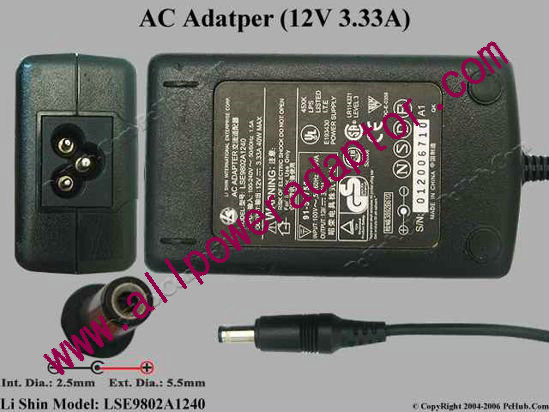 Li Shin LSE9802A1240 AC Adapter 12V 3.33A, 5.5/2.5mm, 3-Prong