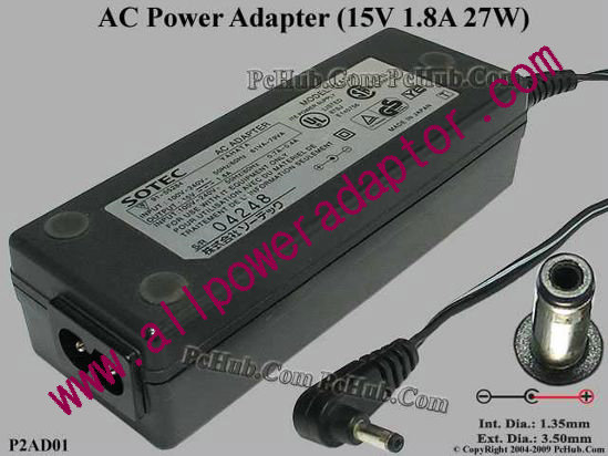 Sotec AC Adapter P2AD01, 15V 1.8A, Tip (1.35/3.50mm)