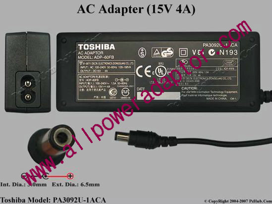 Toshiba AC Adapter PA3092U-1ACA, 15V 4A, Tip D