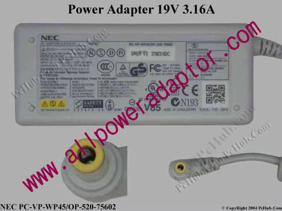 NEC AC Adapter 19V 3.16A, 5.5/2.5mm, 2-Prong, White