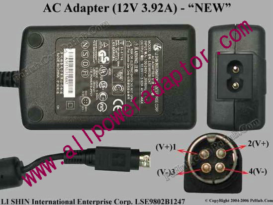 Li Shin LSE9802B1247 AC Adapter 12V 3.92A, 4-Pin P1