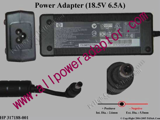 HP AC Adapter- Laptop 18.5V 6.5A, 5.5/2.5mm 12mm Length, 3-Prong
