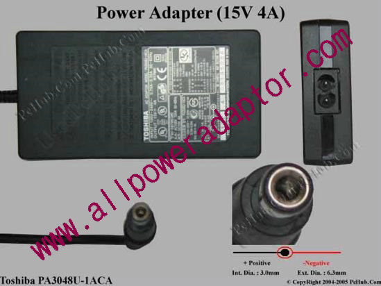 Toshiba AC Adapter PA3048U-1ACA, 15V 4A, Tip D