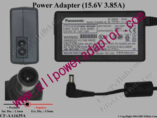 Panasonic AC Adapter CF-AA1639A, 15.6V 3.85A, Tip E, 2-prong