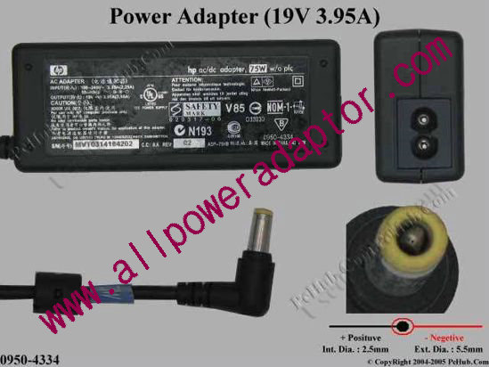 HP AC Adapter- Laptop 19V 3.95A, 5.5/2.5mm, 2-Prong