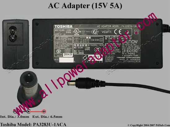 Toshiba AC Adapter PA3283U-1ACA, 15V 5A, Tip D, (2-prong)
