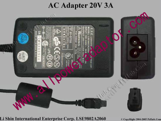 Li Shin LSE9802A2060 AC Adapter 20V 3A, 3-Flat Pin, 3-Prong