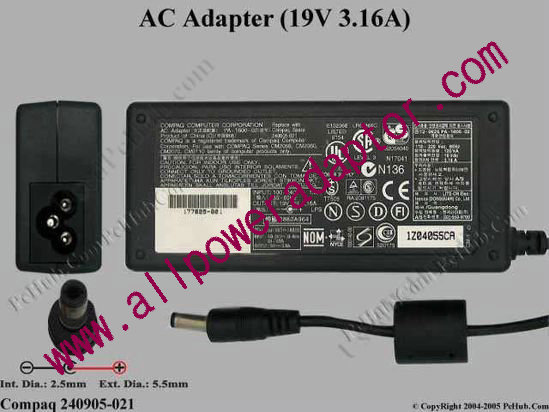 Compaq Common Item (Compaq) AC Adapter- Laptop 240905-021 (PA-1600-02), 19V 3.16A, Tip C