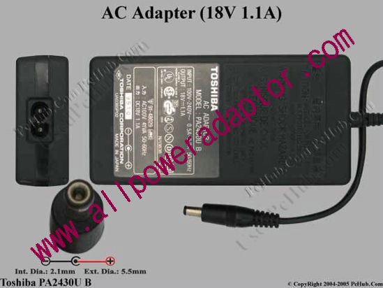 Toshiba AC Adapter PA2430U B, 18V 1.1A, Tip B