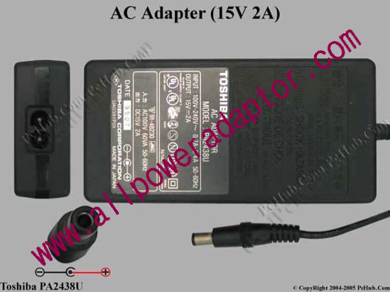 Toshiba AC Adapter PA2438U, 15V 2A, Tip-D, 2-prong