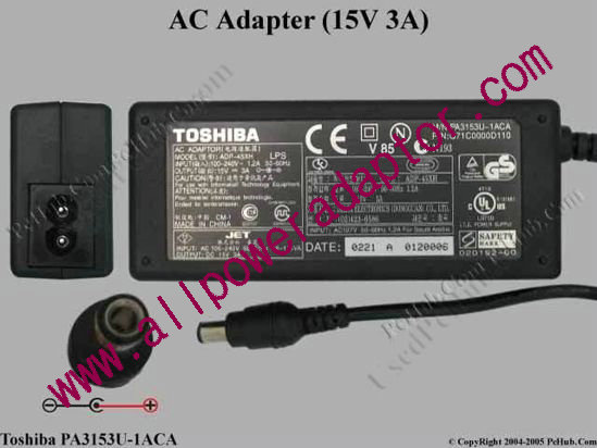 Toshiba AC Adapter PA3153U-1ACA, 15V 3A