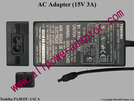 Toshiba AC Adapter 15V 3A, 2-pin Connector , 2-Prong