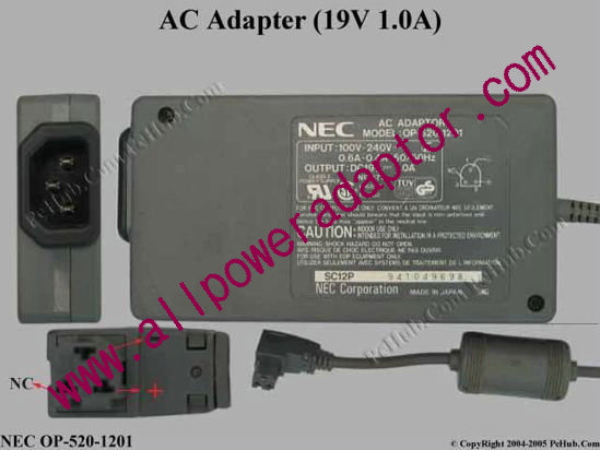 NEC AC Adapter OP-520-1201, 19V 1.0A