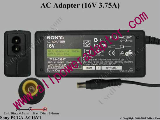 Sony Vaio Parts AC Adapter 16V 3.75A, 6.5/4.3mm With Pin, 2-Prong