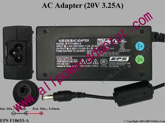 EPS F10653-A AC Adapter- Laptop 20V 3.25A, 5.5/2.5mm, 3-Prong