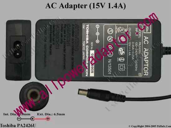 Toshiba AC Adapter PA2426U, 15V 1.4A, Tip D