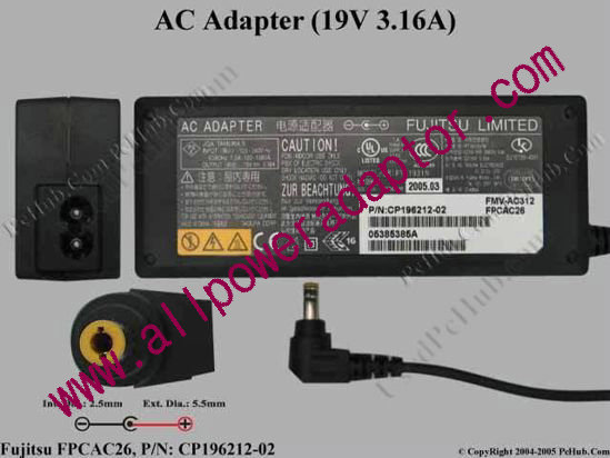 Fujitsu Common Item (Fujitsu / Fujitsu Siemens) AC Adapter- Laptop 19V 3.16A, 5.5/2.5mm 12mm L, 2-Prong
