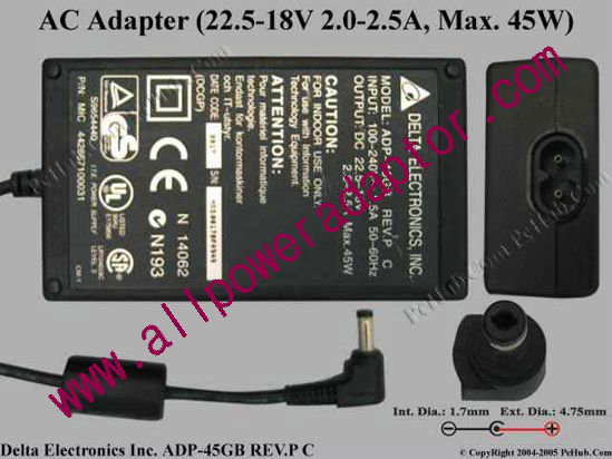 Delta Electronics ADP-45GB REV.P C AC Adapter- Laptop 22.5-18V 2.0-2.5A, 4.8/1.7mm, 2-Prong