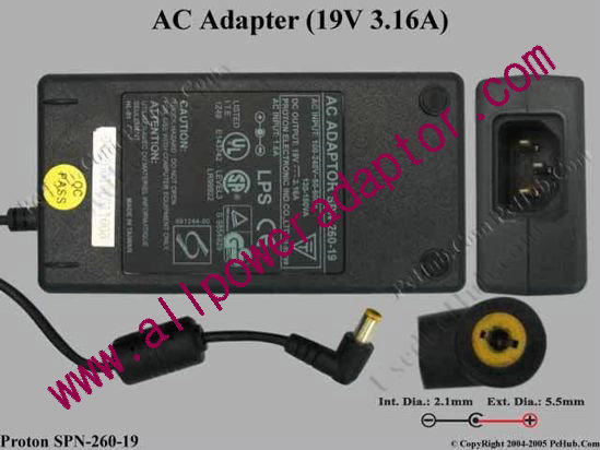 Proton SPN-260-19 AC Adapter 19V 3.16A, 5.5/2.1mm, C14 - Click Image to Close