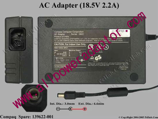 Compaq Contura Series AC Adapter- Laptop 18.5V 2.2A, 6.3/3.0mm, C14