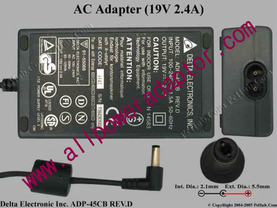 Delta Electronics ADP-45CB REV.D AC Adapter- Laptop 19V 2.4A, 5.5/2.1mm, 2-Prong