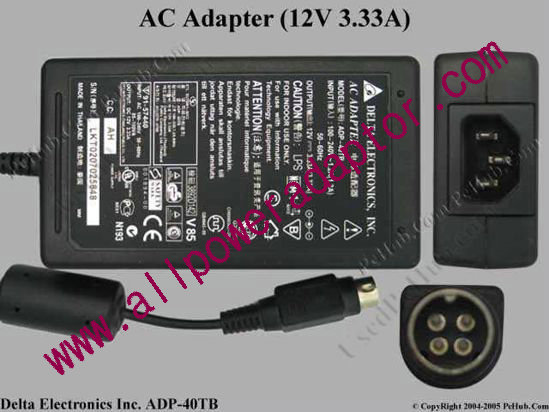 Delta Electronics ADP-40TB AC Adapter- Laptop 12V 3.33A, 4-Pin P1