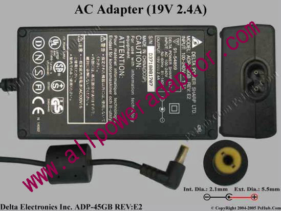 Delta Electronics ADP-45GB REV:E2 AC Adapter- Laptop 19V 2.4A, 5.5/2.1mm, 2-Prong