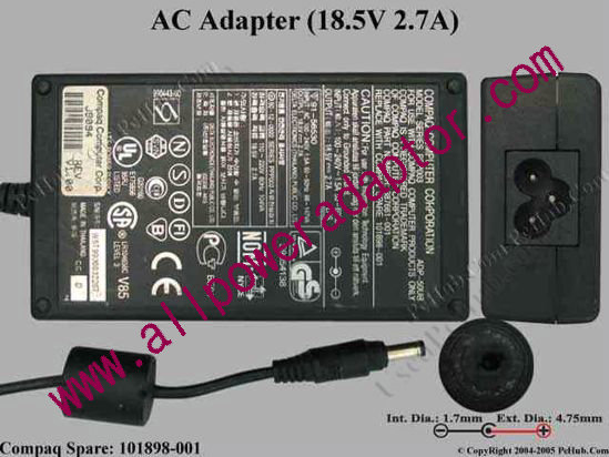Compaq Armada Series AC Adapter- Laptop 101898-001, 18.5V 2.7A, Tip T
