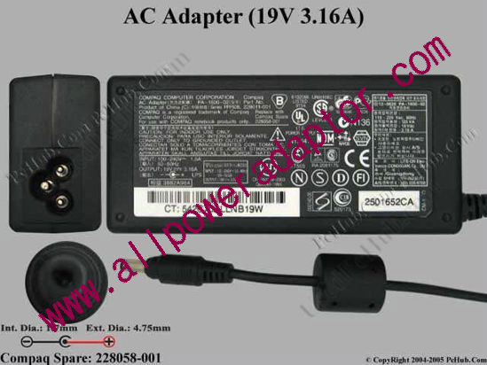 Compaq Common Item (Compaq) AC Adapter- Laptop 19V 3.16A, 4.8/1.7mm?, 3-Prong