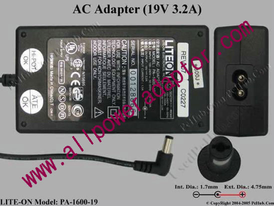 LITE-ON PA-1600-19 AC Adapter 19V 3.2A, Tip Acer
