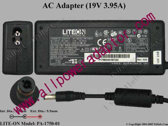 LITE-ON PA-1750-01 AC Adapter 19V 3.95A, 5.5/2.5mm, 2-Prong