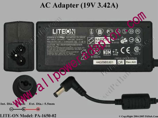 LITE-ON PA-1650-02 AC Adapter 19V 3.42A, 5.5/1.7mm, 3-Prong