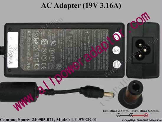 Compaq Common Item (Compaq) AC Adapter- Laptop 19V 3.16A, 5.5/2.5mm, 3-Prong