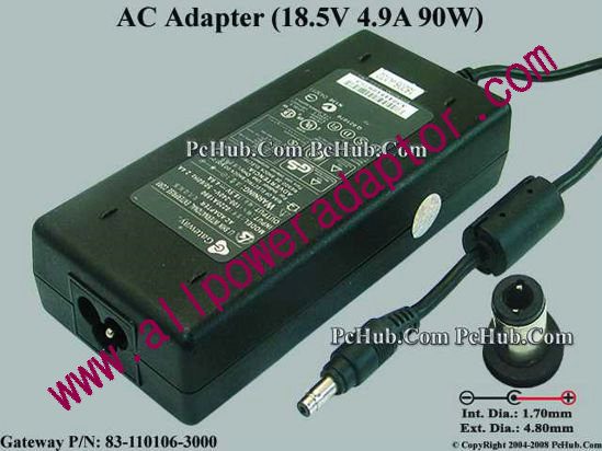 Gateway MX7000 Series AC Adapter- Laptop 83-110106-3000, 18.5V 4.9A, Tip T - Click Image to Close