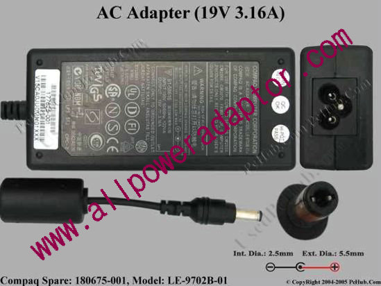 Compaq Common Item (Compaq) AC Adapter- Laptop 180675-001(LE-9702B-01), 19V 3.16A, Tip C
