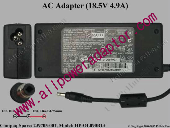 Compaq Evo Series AC Adapter- Laptop 239705-001(HP-OL090B13), 18.5V 4.9V, Tip T
