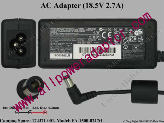 Compaq Armada Series AC Adapter- Laptop 18.5V 2.7A, 6.3/3.0mm, 3-Prong