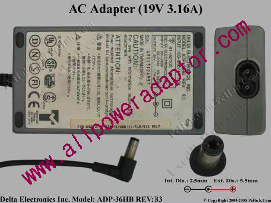 Delta Electronics ADP-36HB REV:A3 AC Adapter- Laptop REV:B3