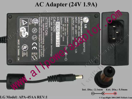 LG APA-45AA AC Adapter- Laptop 24V 1.9A, 5.5/2.1mm, IEC C14 - Click Image to Close