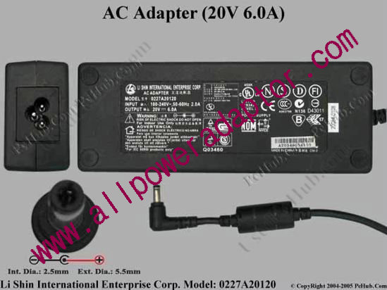 Li Shin 0227A20120 AC Adapter 20V 6A, 5.5/2.5mm, 3-Prong