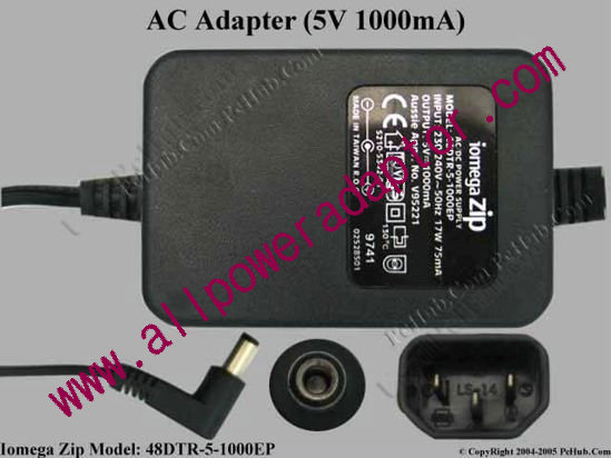Iomega 48DTR-5-1000EP AC Adapter- Laptop 5V 1000mA - Click Image to Close