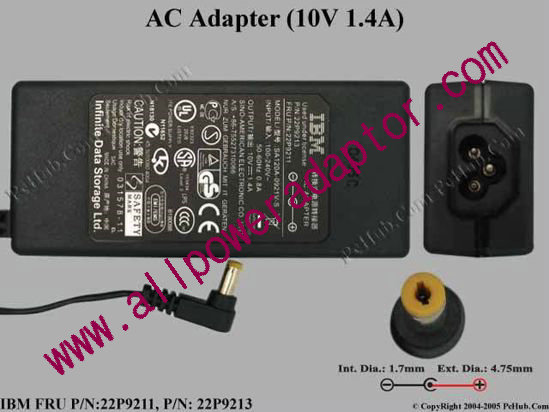 IBM AC Adapter- Laptop 22P9211, 10V 1.4A