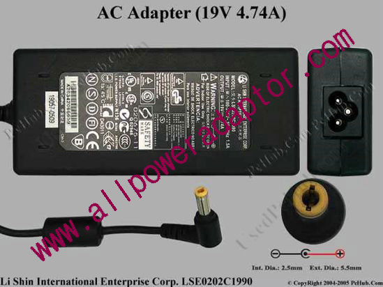 Li Shin LSE0202C1990 AC Adapter 19V 4.74A, 5.5/2.5mm, 3-Prong