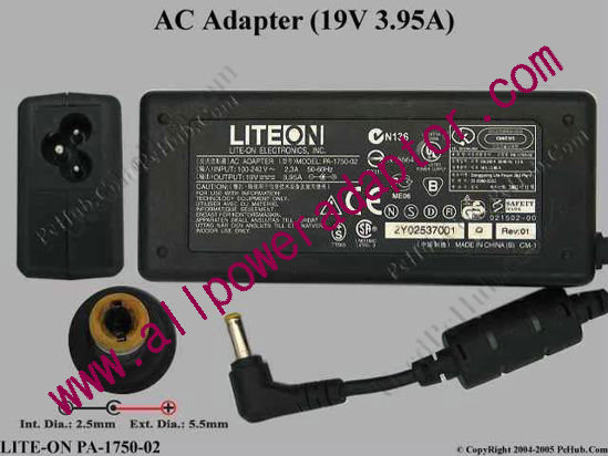 LITE-ON PA-1750-02 AC Adapter 19V 3.95A, 5.5/2.5mm, 3-Prong