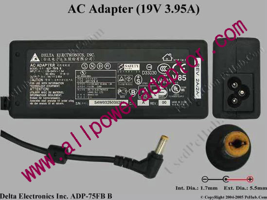 Delta Electronics ADP-75FB B AC Adapter- Laptop 19V 3.95A, 5.5/1.7mm, 3-Prong