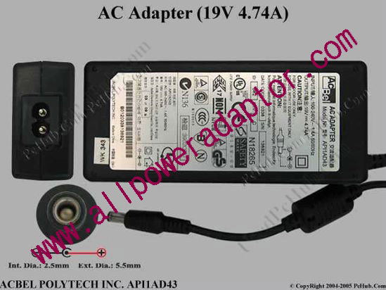 Acbel Polytech API1AD43 AC Adapter- Laptop 19V 4.74A, 5.5/2.5mm, 2-Prong