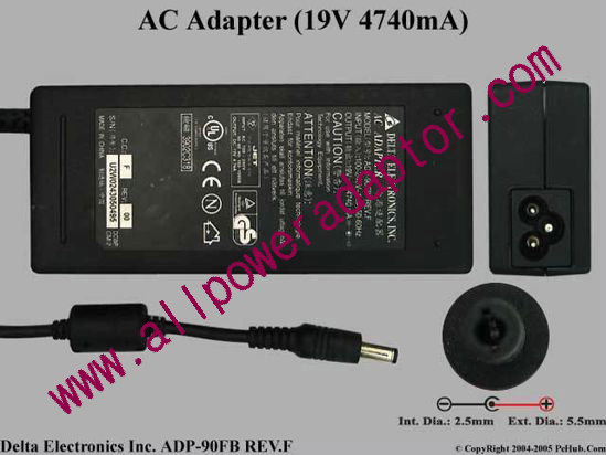 Delta Electronics ADP-90FB REV.F AC Adapter- Laptop 19V 4.74A, 5.5/2.5mm, 3-Prong